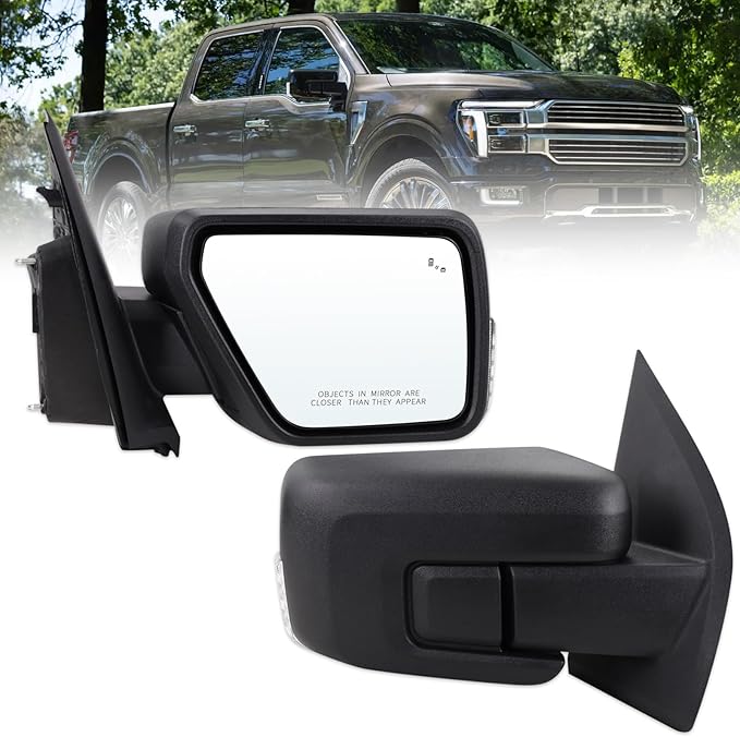 Right Passenger Side Door Mirror Compatible With 2021-2026 Ford F150 With Manual Folding Heated Blind Spot Turn Signal Light Temperature Sensors Matte Black Replace#ML3Z17682TA (11Pins)