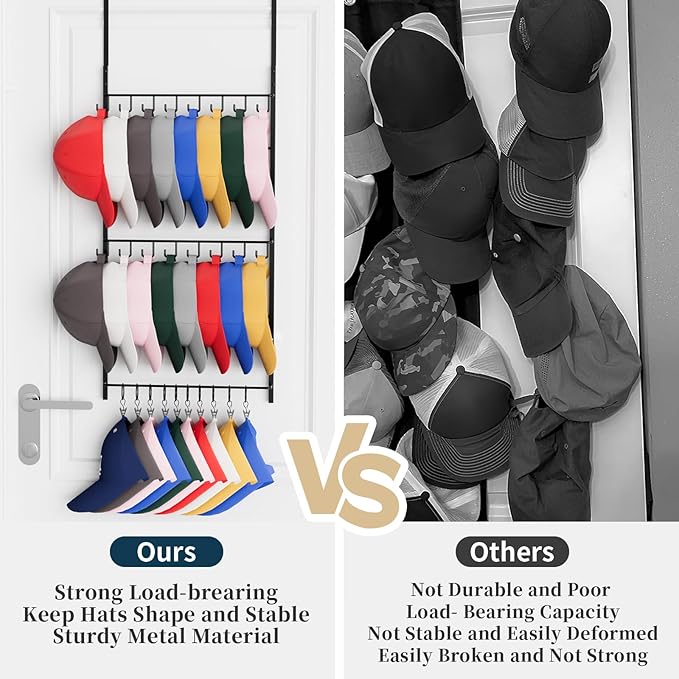 Consumest Over Door Hat Organizer - 3 Tier Wall Mounted Hat Rack with 16 Hooks and 10 Movable Clips, Hanging Baseball Cap Sto