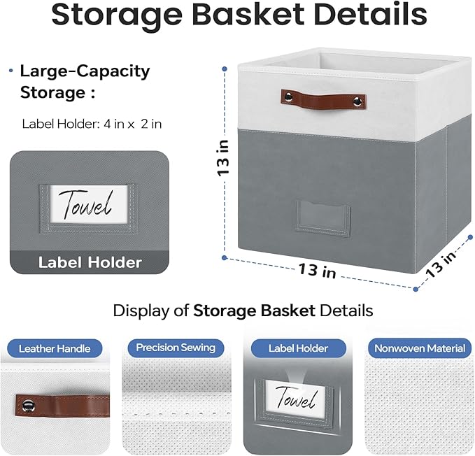 FinishingBo 6-Pack Storage Cubes with Handles & Label Holders Basket, Closet Cube Home Organizer Bins(White/Dark Grey, 13 x 1