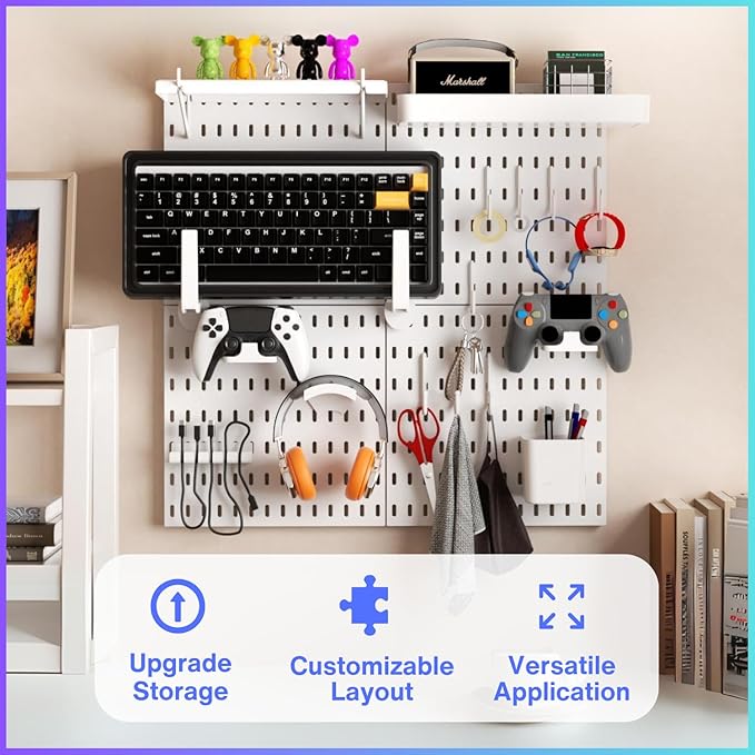 Keepo Peg Board Wall Organizer for Gaming Setup, Pegboard with Adhesives & Screw Mounts, Includes Peg Board Accessories for G