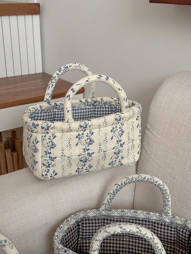 Small Storage Basket Organizer, Mini Fabric Floral Storage Baskets with Handle, Quilted Portable Collapsible Storage (Vine-Bl