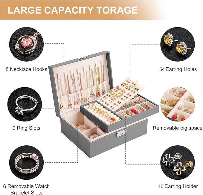 Jewelry Box for Women Girls 2 Layer Leather Travel Jewelry Organizer Storage Case with Lock and Removable Tray for Necklace E