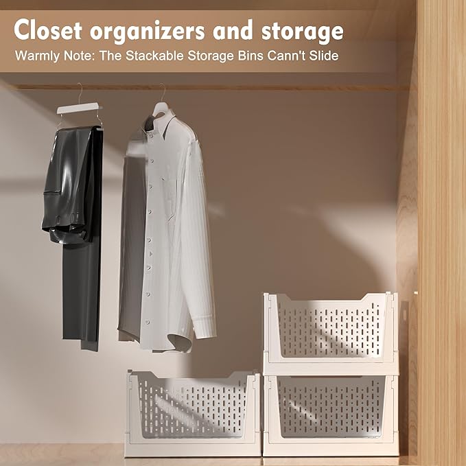 Stackable Plastic Storage Basket, 3 Pack Foldable Closet Organizers and Storage Bins with Wheels, Collapsible Drawer Shelf St