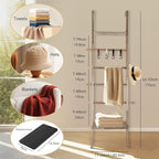 Wooden Ladder with Shelf for Room Decor, 6-Tier Decor Ladder with Non-Slip Mat & Hooks, Farmhouse Style Leaning Wall Display 