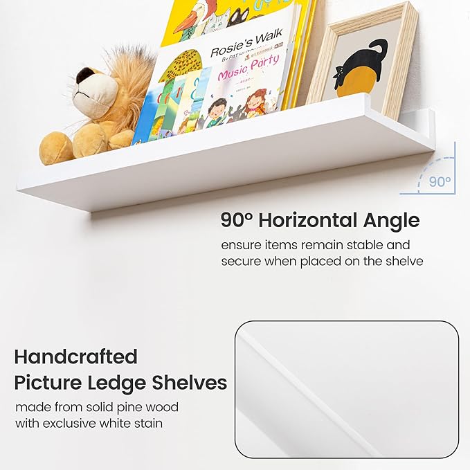 Picture Ledge Shelf for Wall, 16 inch Solid Pine Wood Nursery Book Shelves 2 Packs, Floating Ledge Shelves for Kids' Room Bed