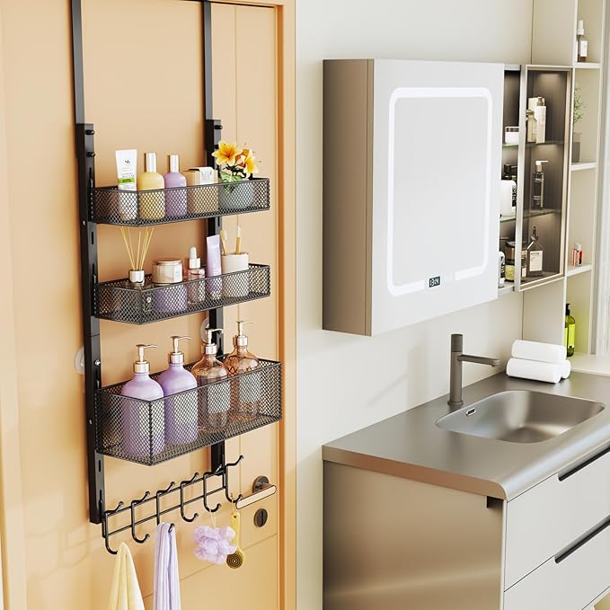 Consumest Over The Door Hooks Organizer - 4 Tier Door Coat Rack with 3 Baskets and 12 Hooks, Stainless Steel Towel Hanger for