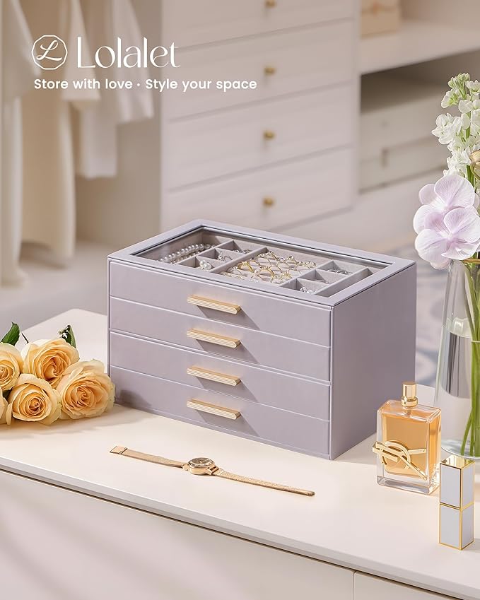 Lolalet Jewelry Box Organizer, 4-Layer Jewelry Organizers and Storage Case with Glass Lid, Ring Earring Bracelet Necklace Hol
