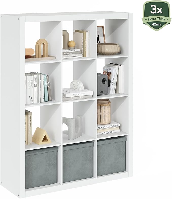 Furinno Cubicle Book Shelf, 12-Cube Bookshelf, Triple Thick Frame Cube Storage Organizer, 1.65" Thick Bookcase, 15.4" x 57.4"