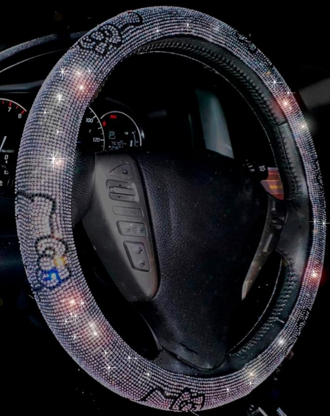 Fashion Car Ultra Bling Steering Wheel Cover with Sparkly Diamond Rhinestones, Gorgeous Accessory with Anti Slip Lining Extra Bling Especially Shiny Cat Exotic Universal (Silver)