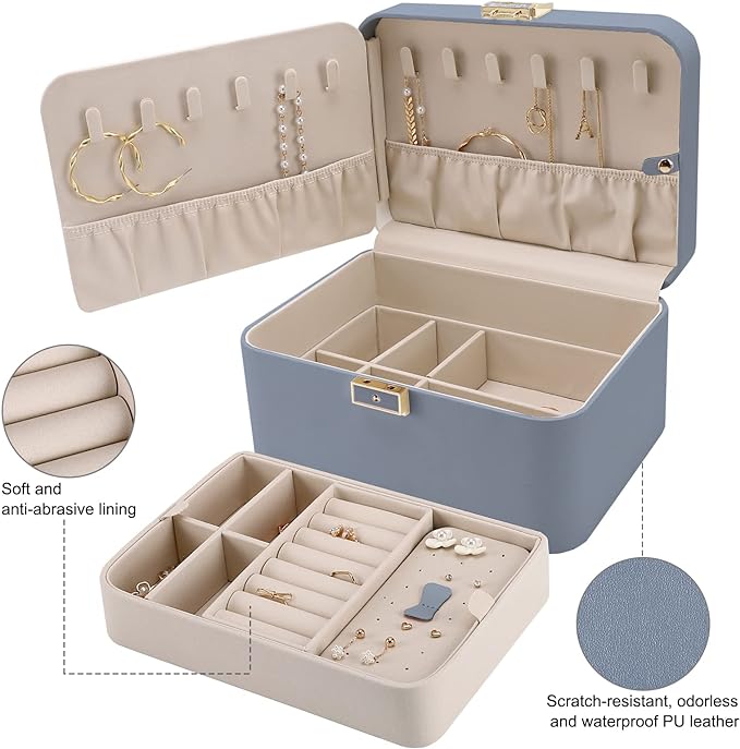 KAMIER Jewelry Organizer Box, 2 Layers PU Leather, Large Capacity, Double Lock and Large Mirror, Hidden Necklace Hooks, Remov