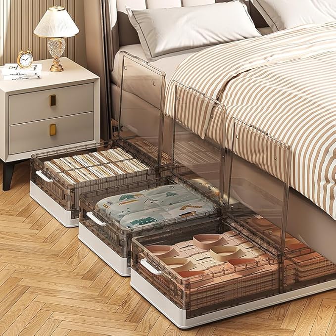 Underbed Roller Organizer, Stackable Flip-Top Plastic Containers For Bedroom And Everyday Home Storage (Coffee, 2-Pack)