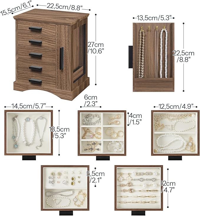 HOOBRO Jewelry Box for Women, Jewelry Organizer with Arc-Shaped Bottom, Wooden Jewelry Box, Side Transparent Window, Vertical