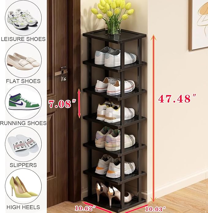 Vertical Shoe Rack - Tall Narrow Shoe Rack Organizer for Small Spaces,7 Tier Bamboo Shoen Shelf for Entryway,Closet,Corner,Do