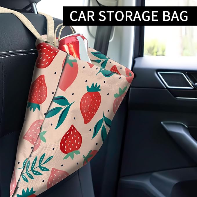 Car Trash Can, Cute Hanging Organizer and Storage Bag, Trash Bin for Vehicle, Travelling, Camping - Pink Strawberry