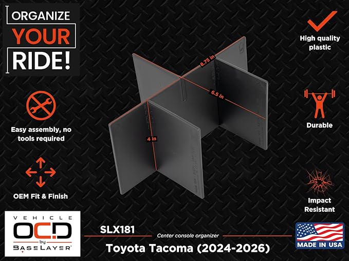 Vehicle OCD – Center Console Organizer for Toyota Tacoma (2024-2026) – Made in USA - SLX181