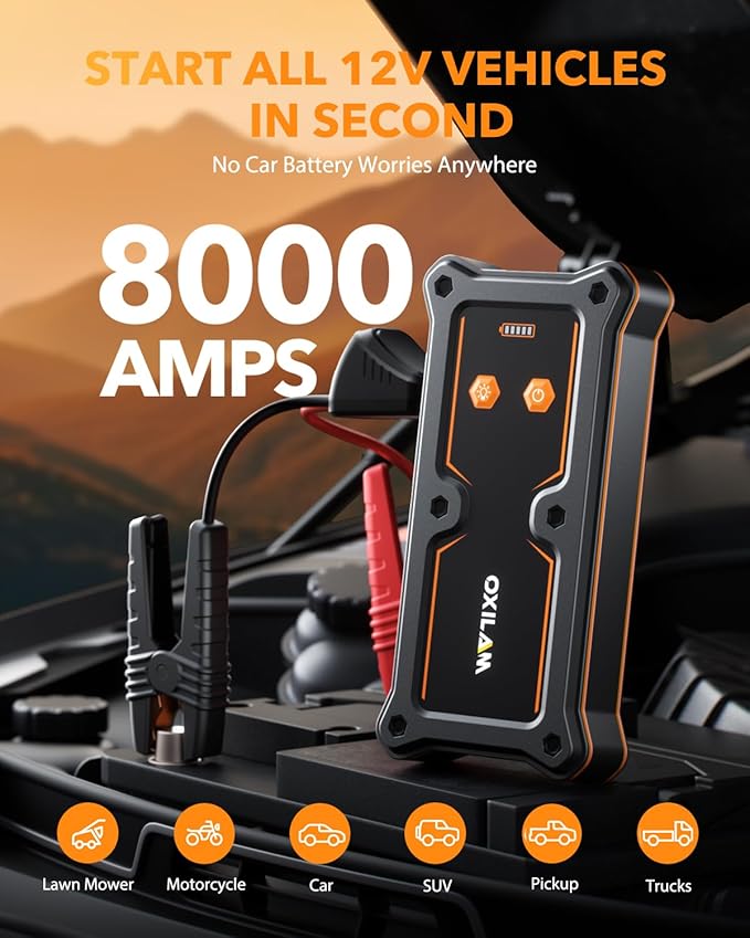OXILAM 8000A Jump Starter - Car Jumper Starter Portable for All Gas & Diesel Engines, 12V Jump Box for Car Battery with