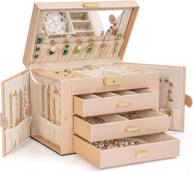 AKOZLIN Large 4-Tier Jewelry Box Leather Jewelry Storage Organizer with 3 Drawers Lockable for Women Girls Ring Necklace Earr