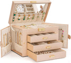 AKOZLIN Large 4-Tier Jewelry Box Leather Jewelry Storage Organizer with 3 Drawers Lockable for Women Girls Ring Necklace Earr