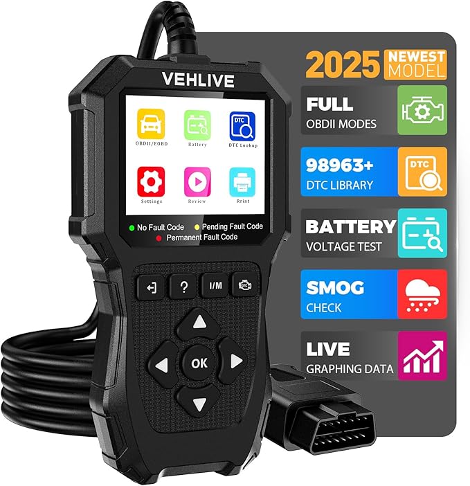 OBD2 Scanner Diagnostic Tool, Check Engine Light Car Code Reader with Reset, Battery Tester, Live Data, Freeze Frame, I/M
