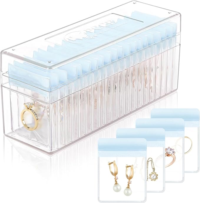 HOMEHIVE Acrylic Jewelry Box Organizer, Clear Jewelry Organizer Holder with 20 Portable Anti Tarnish Jewelry bags, Travel Jew