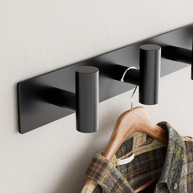 GWAAZXGZ Black Wall Mounted Coat Rack – 5 T-Shaped Pegs for Hats, Bags & Towels, Heavy-Duty Metal Rail for Entryway, Bathroom