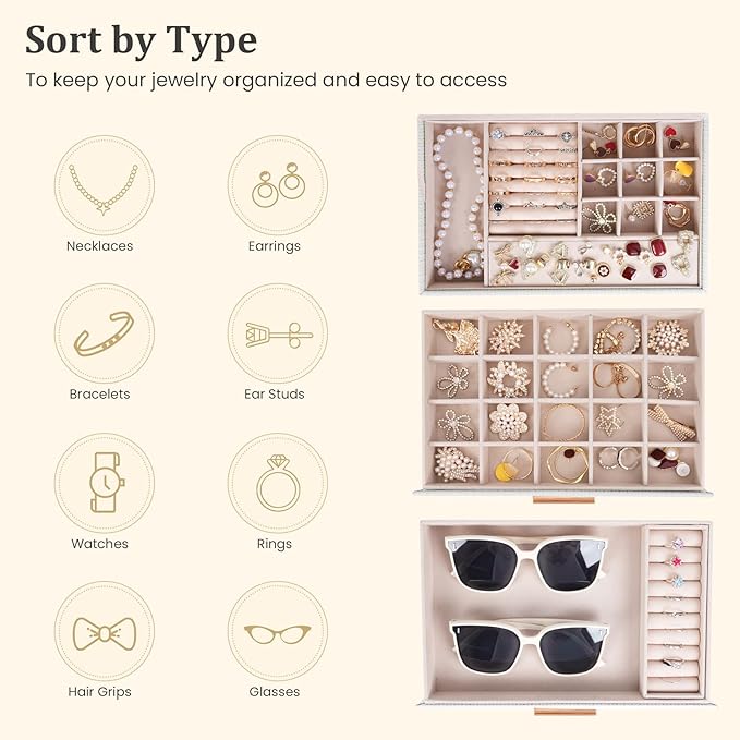 Dajasan Jewelry Box Organizer, 3-Tier Large Jewelry Storage Organizer with 2 Drawers, Space-Saving Jewelry Boxes for Women, P