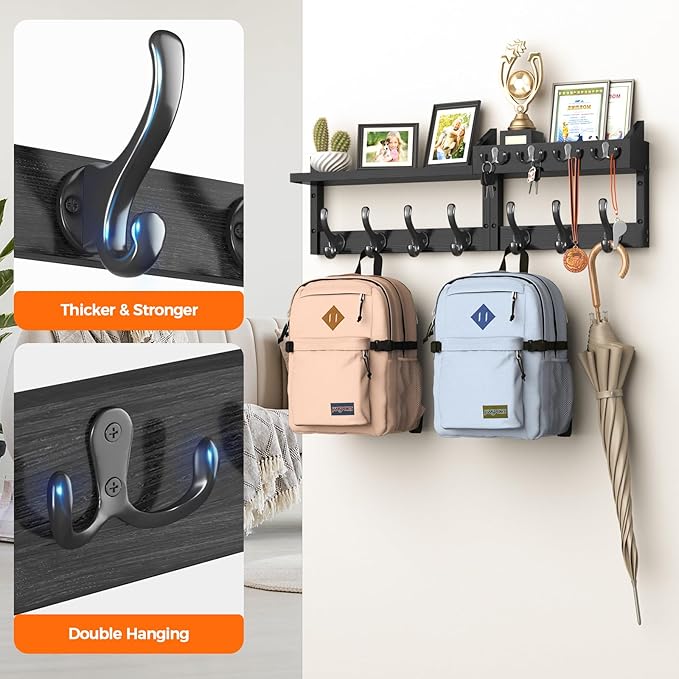 Evermagin 29" Coat Rack Wall Mount with Shelf, 4 in 1 Wall Mounted Coat and Key Hanger with 11 Hooks, Entryway Key Holder wit