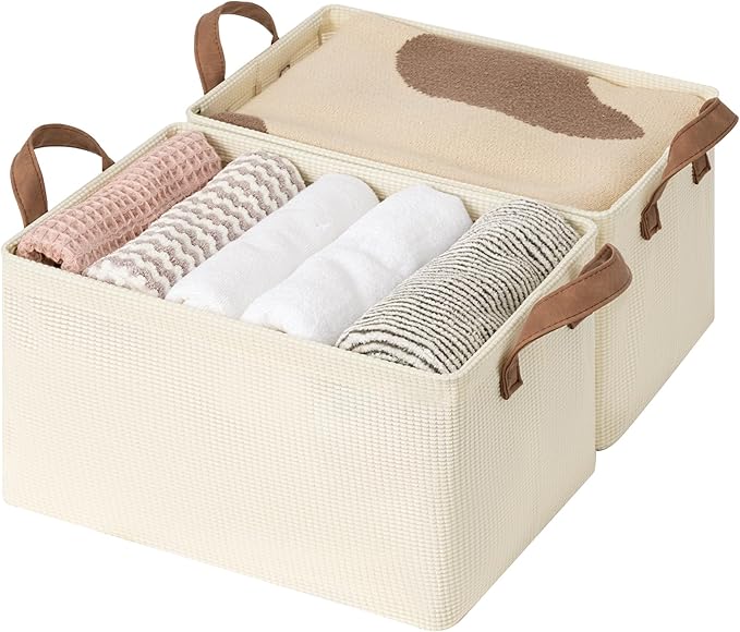 StorageWorks Storage Bins, Shelves Baskets for Organizing, Fabric Closet Organizers with Handles, Metal Frame, Beige-Texture,