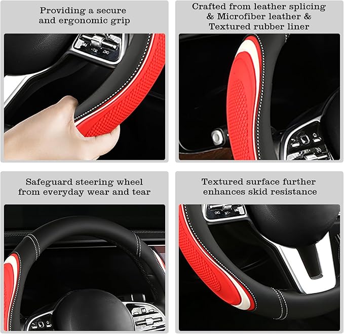 Leather Splicing Black Red White Car Steering Wheel Cover,14.5-15 Inch Universal Microfiber Leather Covers Breathable Anti-Sl