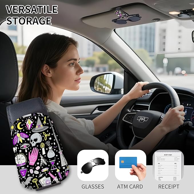 Sunglasses Holder for Car Visor, PU Leather Glasses Clip Organizer, Cute Magnetic Eyeglass Holder for Vehicle Sun Visor, Car Interior Accessory for Women & Men Mystic Goth Magic