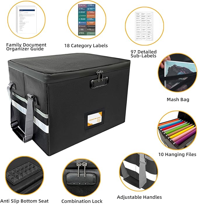 Deluxe Pro Large Next of Kin Box Organizer with 50-Page Family Document Guide, Fireproof Foldable File Organizer with Combina