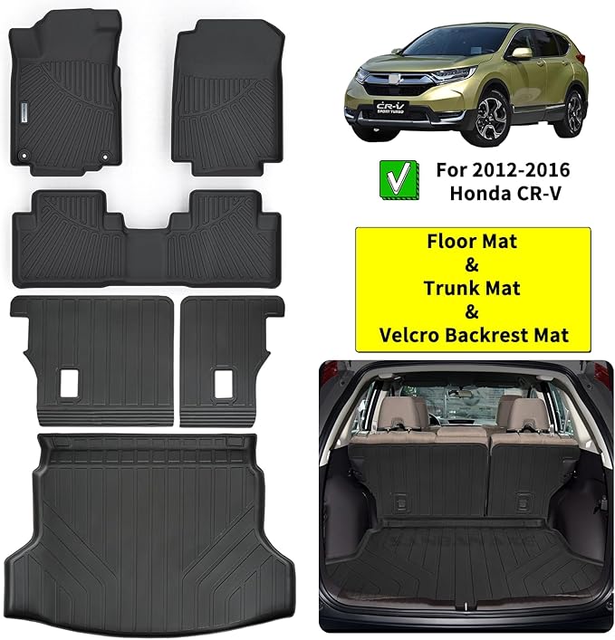 Floor Mats & Trunk Mat & Backrest Mat for 2012-2016 Honda CR-V LX & SE & EX & No subwoofer TPE All Weather Protection with Velcro Rear Seats Backrest(Not Fit CRV Touring & EX-L)