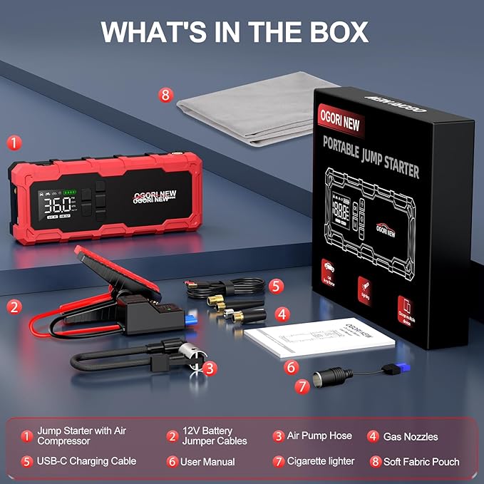 8000A Jump Starter with Air Compressor, 26800mAh 150PSI Portable Car Battery Jump Starter (All Gas/16L Diesel), 12V