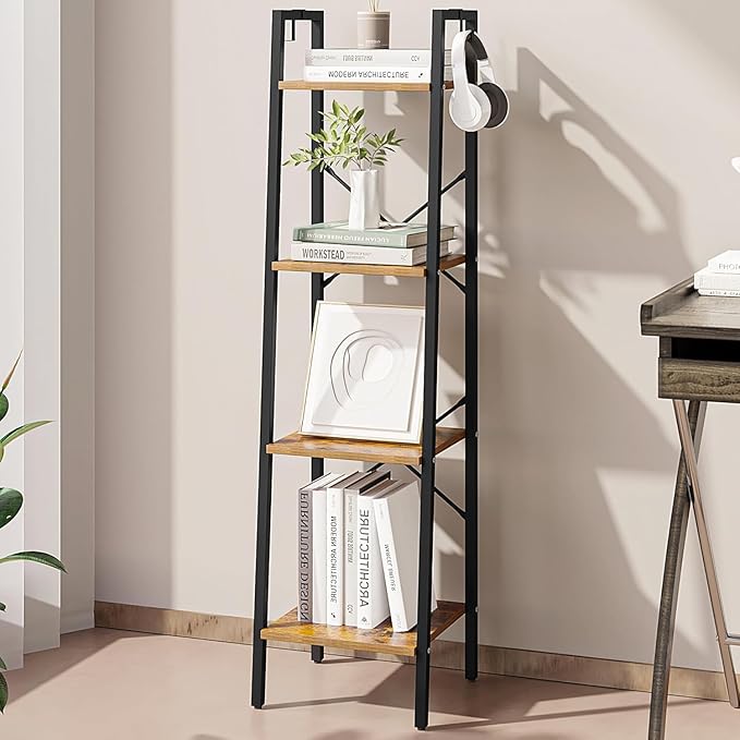 Hzuaneri Ladder Shelf, Bookshelf Bookcase, Freestanding Corner Storage Shelve with 2 Hooks for Home Office, Living Room, Kitc