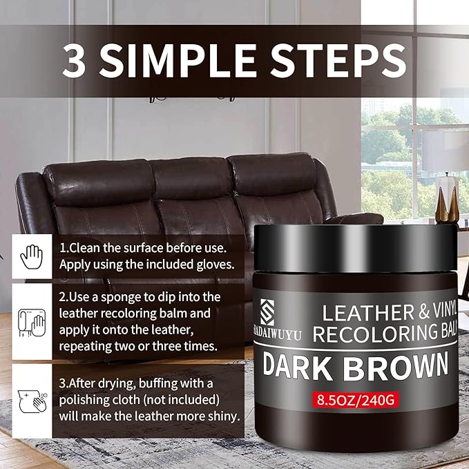 Leather Recoloring Balm,8.5oz Leather Color Restorer,Dark Brown Leather Repair kit for Furniture and Car Interior,Leather Cou