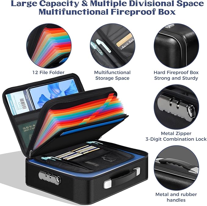 Fireproof Document Box with Lock, Safe Box for Important Documents, Fireproof & Water-Resistant Storage Organizer for Certifi
