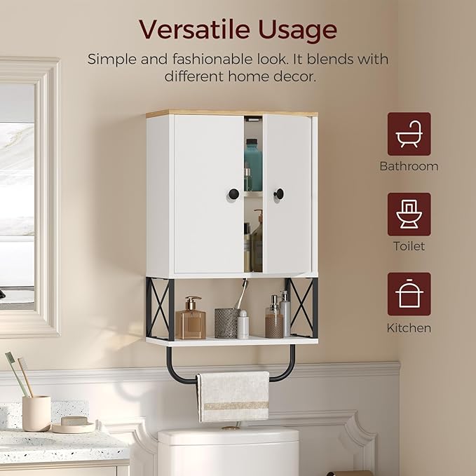 MAHANCRIS Bathroom Wall Cabinet with 2 Door and Adjustable Shelf, Medicine Cabinet with Towel Rack, 3-Tier Wall Mounted Stora
