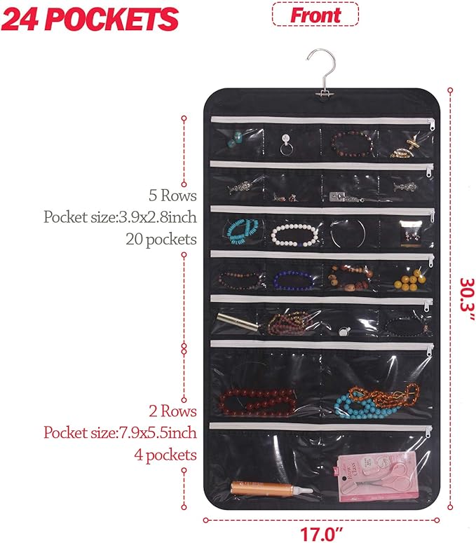 DIOMMELL Hanging Jewelry Organizer 47 Pockets with Zipper for Earrings Necklace Bracelet Ring Accessory Display Storage Bag T