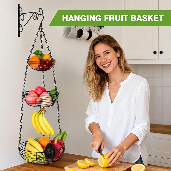 HULISEN 3 Tier Hanging Fruit Basket with Banana Hook, 36-Inch Heavy-Duty Wire Hanging Baskets for Kitchen Storage, Vegetable 