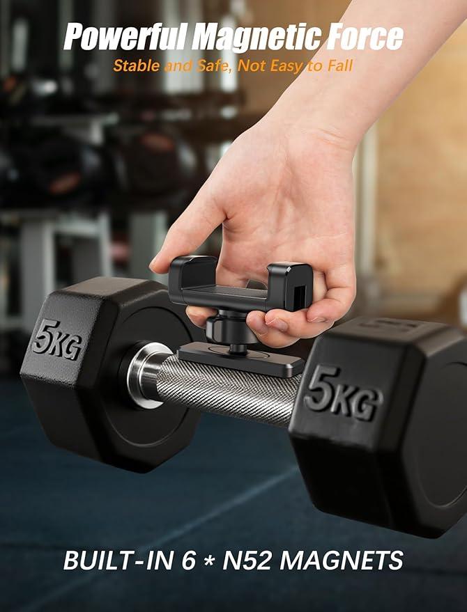 Gym Magnetic Phone Holder【Strong Magnets】- 360 Adjustable Magnetic Phone Mount, Phone Holder Gym Accessories for Men Women Compatible with All Smartphones 4.7-7"