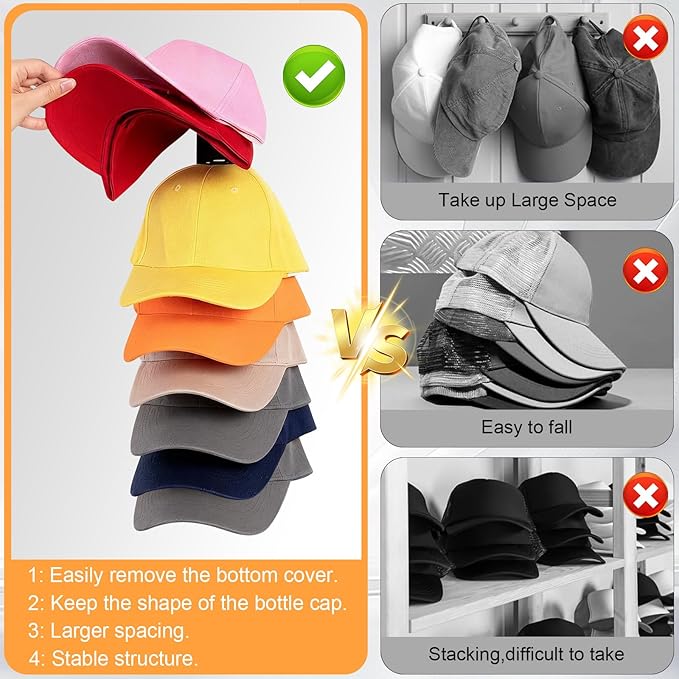 4 Pack Hat Organizer for Baseball Caps, Hat Rack for Wall, Strong Adhesive & Screw-in Cap Holder hat hangers for Closet Door 