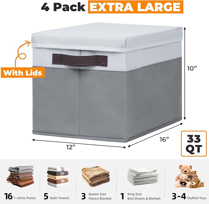 Extra Large Storage Baskets with Lids 4 Pack, 33 QT Throw Blanket Basket for Living Room - Stackable Decorative Closet Shelf 