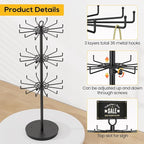 ORLESS 3 Tier Rotating Jewelry Display Stand, Keychain Display Stand with 36 Hooks, Black Metal Retail Display Spinning Holde