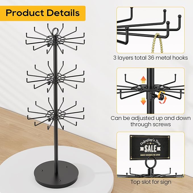 ORLESS 3 Tier Rotating Jewelry Display Stand, Keychain Display Stand with 36 Hooks, Black Metal Retail Display Spinning Holde