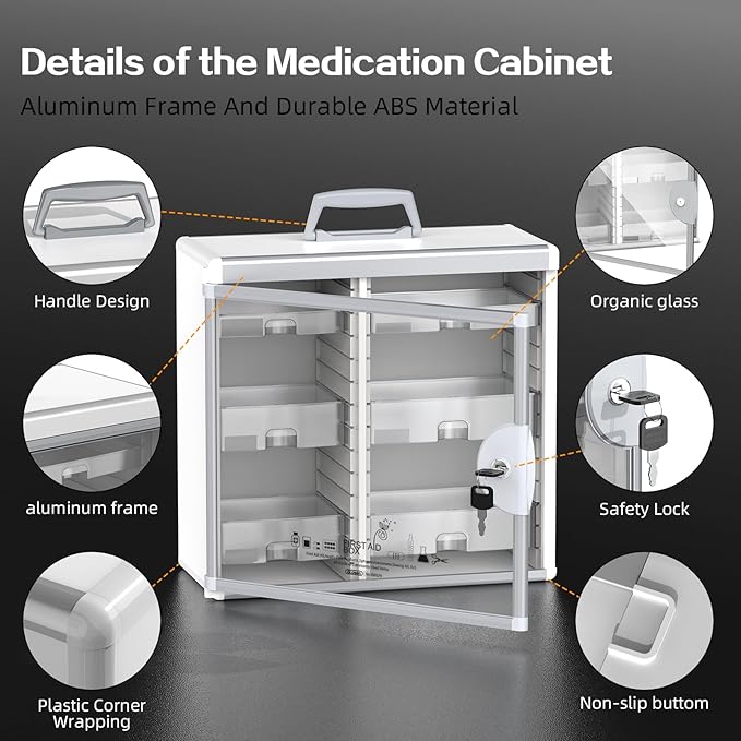 Glosen Medicine Cabinet with Key Wall Mounted Medication Lock Box 【 Silver 15x 6.7 x 13 Inch】 Portable Storage Container Big 