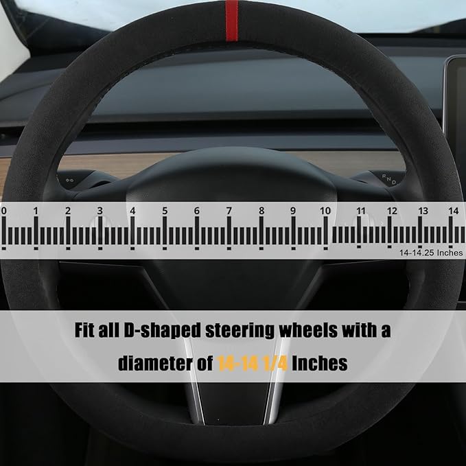 Suede Steering Wheel Cover for Tesla Model 3/Y, Anti Heat, Breathable, Anti-Slip,Leather Steering Wheel Cover 14-14 1/4 in (35.5-36 cm) (Black 02 with Red Mark)