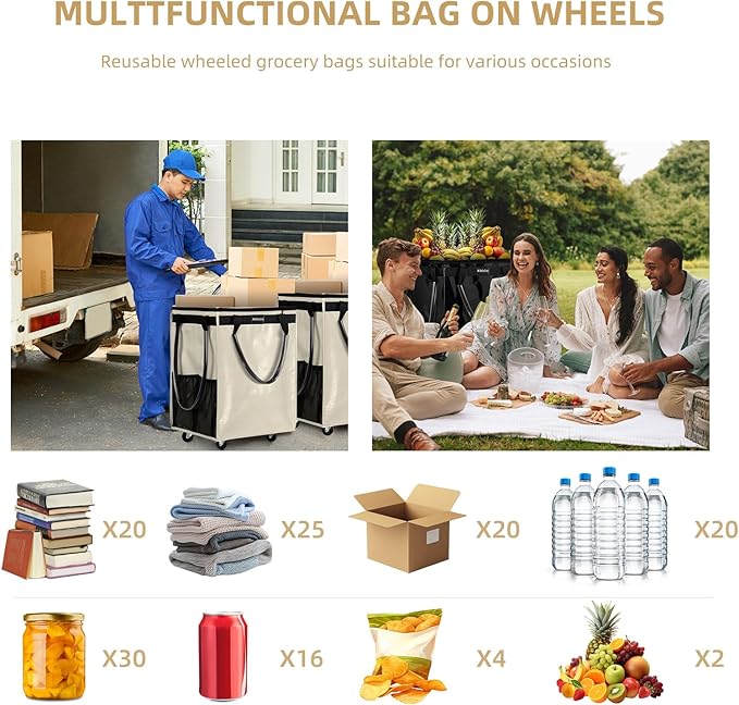 (Medium, Beige) Reusable Grocery Bag on 4 Wheels, Foldable Rolling Tote Carries Up to 66lb Shopping Trolley, Rolling Bag with 3 Handles, Zipper Clouser Rolling Tote Bag with Wheels for Laundry