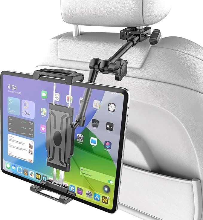 Car Headrest Tablet Holder - Metal Magic Arm, Car ipad Holder Backseat Kids with Universal Metal Clamp, Tablet Headrest Mount for iPad Pro 12.9 Air, Galaxy Tab, iPhone16, 5.5-15.6" Devices