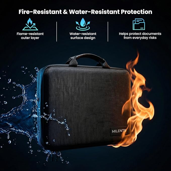 Fireproof Document Box with Lock, Hard Case File Organizer with Accordion Folder, Portable Fire Resistant Document Storage Ba