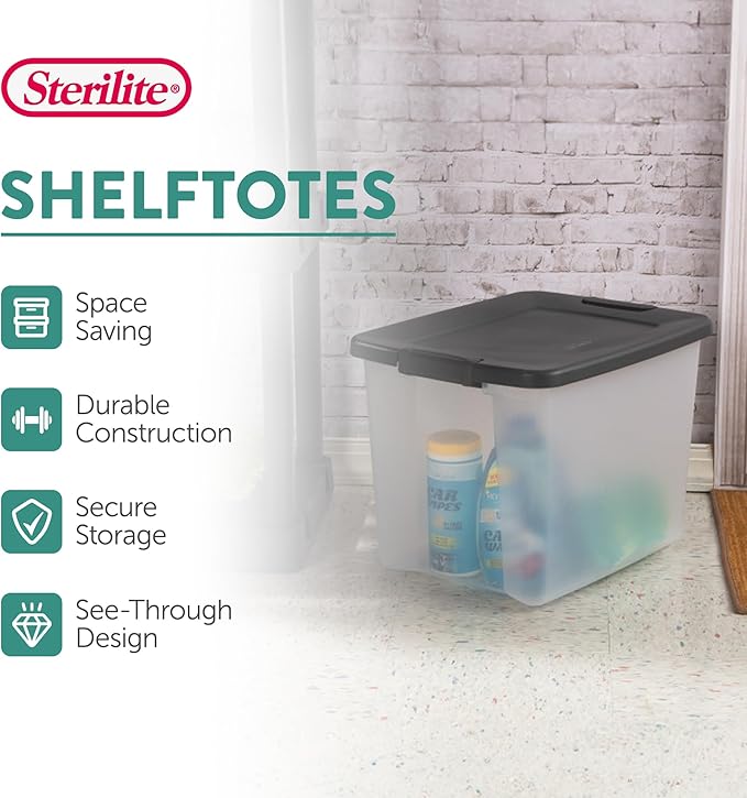 Sterilite 6-Pack ShelfTote, Clear Plastic Storage Bins with Lids, 50 Quart, Gray - Stackable Organizing Container Boxes for C